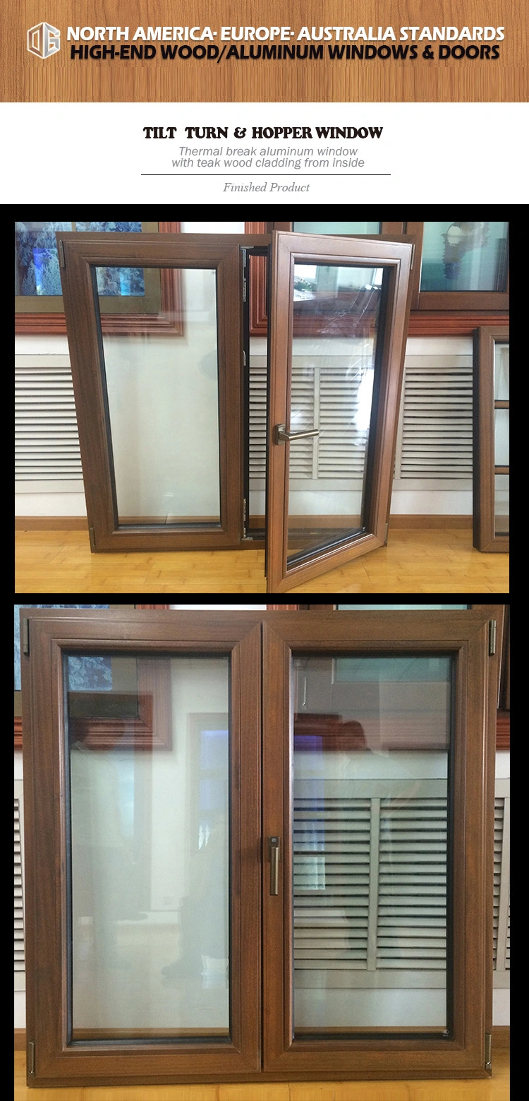 Hemlock / Oak / Teak Wood Aluminum Tilt & Turn Window, Highly Praised Wood Clad Aluminum Casement Window