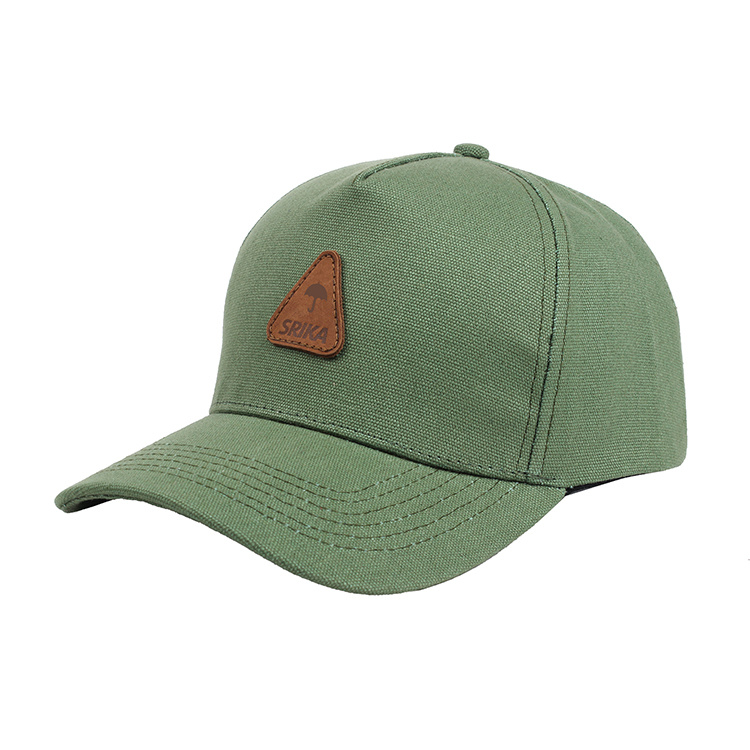 Custom 100% Cotton Leather Patch 5 Panel Green Baseball Cap Hat