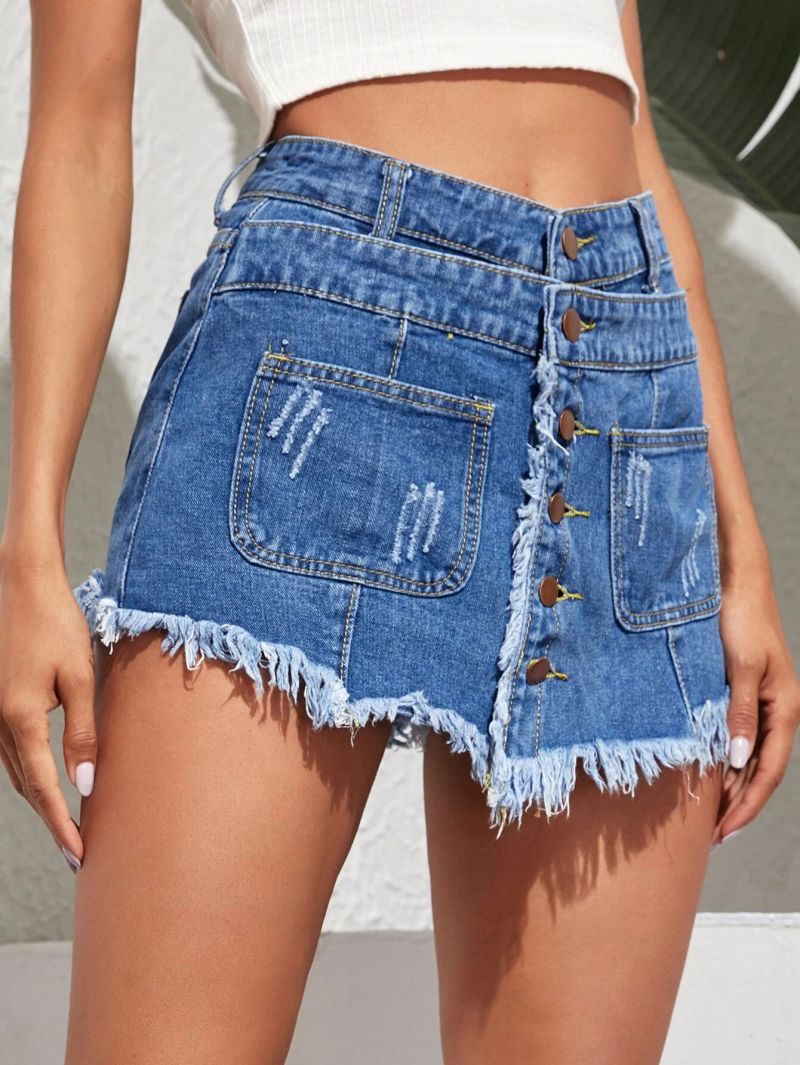 Fashion Fake Two Pieces Denim Short Skirt with Deckle Edge