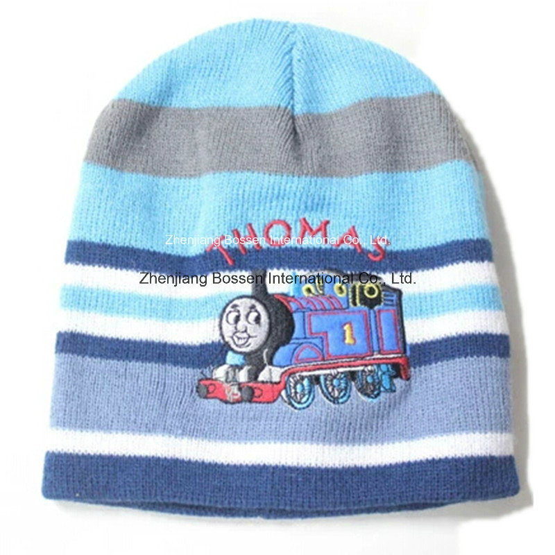 Custom Made Cartoon Printed Children Warm Winter Striped Acrylic Knitted Embroidered Beanie Cap