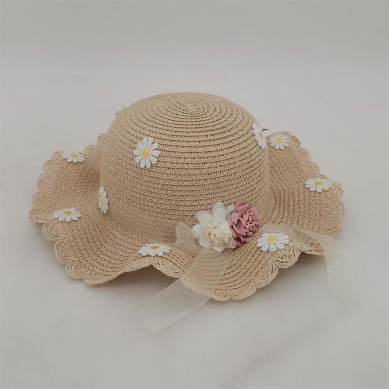 Children Straw Knitting Hat with Flower Embroidery