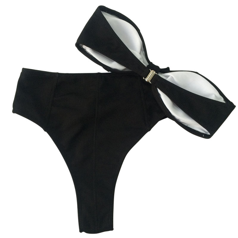 Black Ribbed Retro High Waist Thong Hot Pants Bandeau Bikini