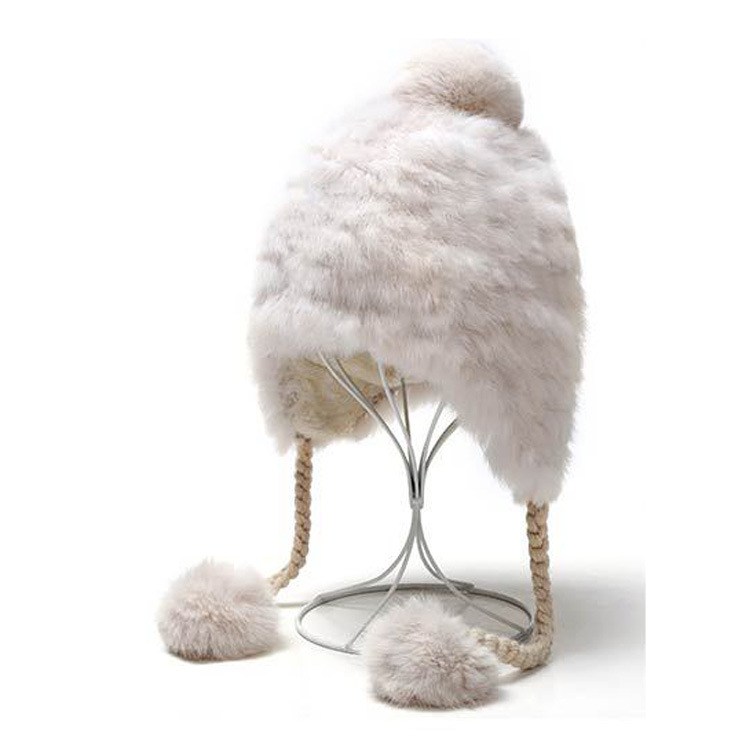 Ladies Winter Real Rabbit Fur Ear Flap Hats with Fur Pompom Balls for Adults