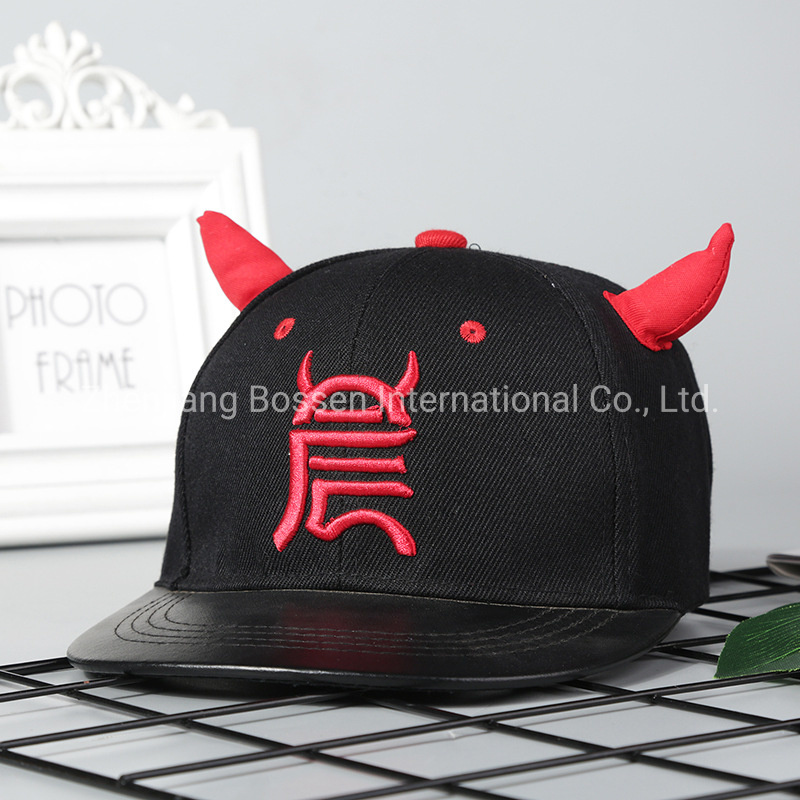 OEM Customized Logo Embroidered Black Cotton Baseball Hat Cap with Horns