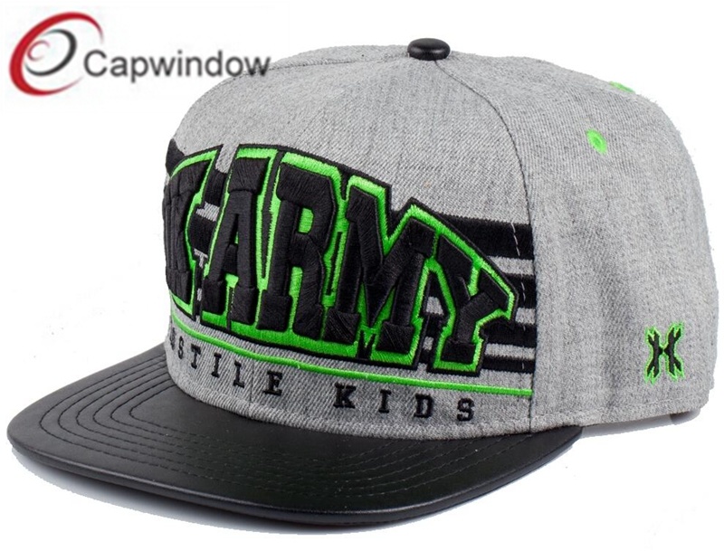 Hip Pop Snapback Hat 3D Embroidery with Leather on Brim