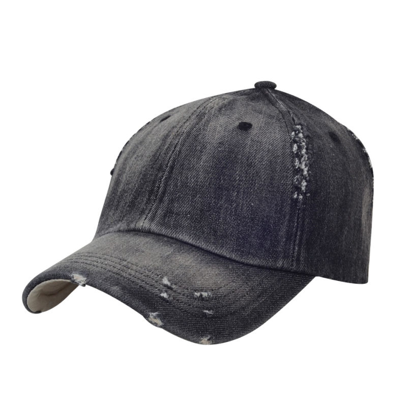 Fashion Black Washed Denim Baseball Hat, Worn-out Baseball Cap