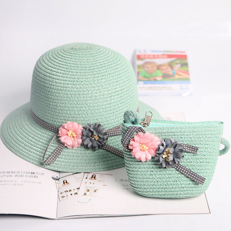 New Baby Girls Summer Handbag Suit Toddler Beach Sun Hats Hand Bag Set Kids Straw Hats