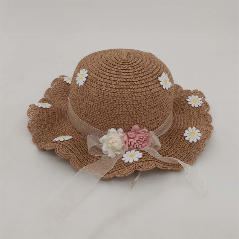 Children Straw Knitting Hat with Flower Embroidery