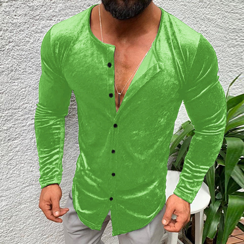 Men Solid Velvets Blouse Camisa Fitness Streetwear Business Casual Shirt