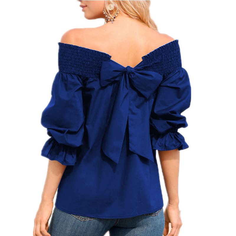 Womens Striped off Shoulder Bell Sleeve Shirt Tie Knot Summer Blouses Tops Esg10606