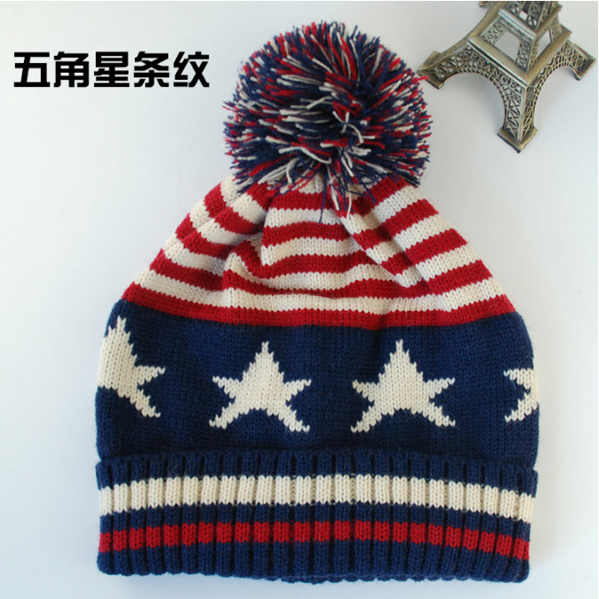 UK Beanies Five Stars Hats Winter Knitted Hats with Pompom