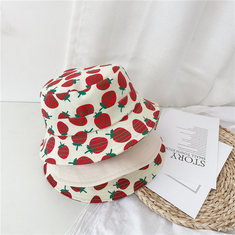 Children's Bucket Hat with Strawberry Print and Big Edge Fisherman Hat