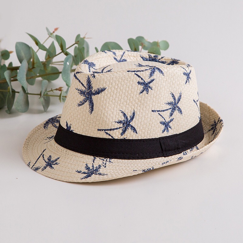 Wholesale Straw Fedora Trilby Hats Ecuador Coconut Tree Printed Panama Hats with Black Band