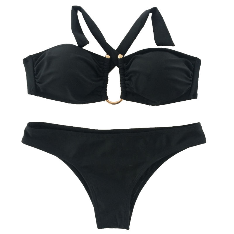 U Metallic Bandeau Solid Black Thong Hot Girl Brazilian Bikini