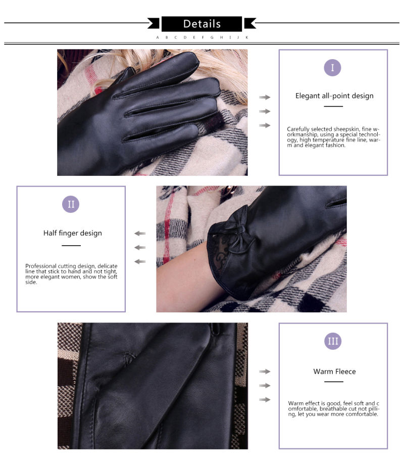 Ladies Leather Glove Ws2009 Winter Sheepskin Fashion Warm Driving Training Hand Women Leather Gloves with Lace