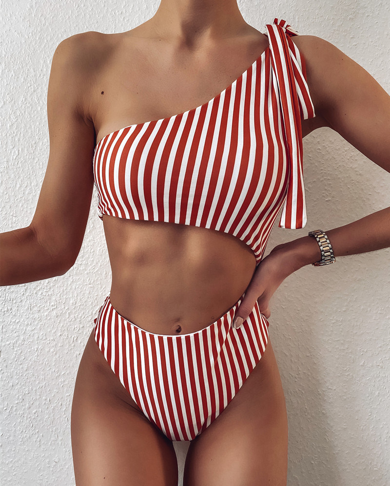 Girl Sexy Beach One-Shoulder Bikini Lace-up Striped Print One-Piece Swimwear