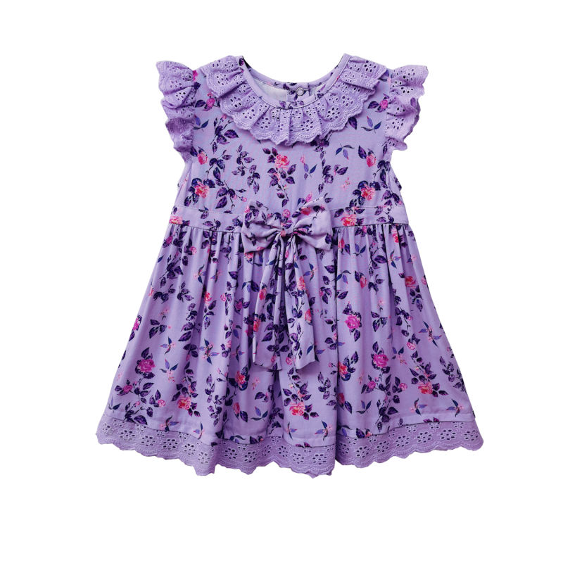Boutique Girl Apparel Clothes Girl Flower Dresses Girls Ruffle Neck Bow Dresses Knee Length Kids Clothes