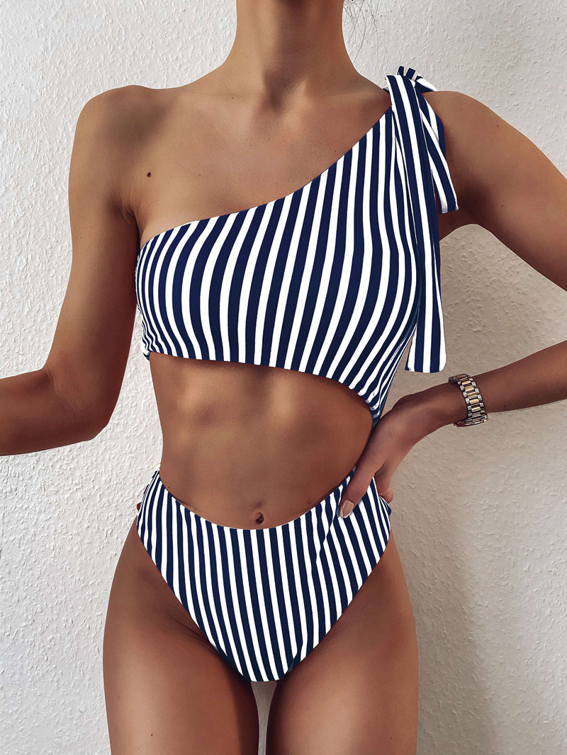 Girl Sexy Beach One-Shoulder Bikini Lace-up Striped Print One-Piece Swimwear