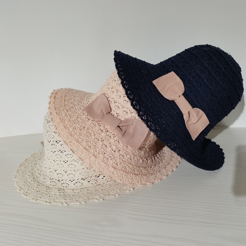 2021 Women Beach Hat with Bow Trim in Lace Fabric