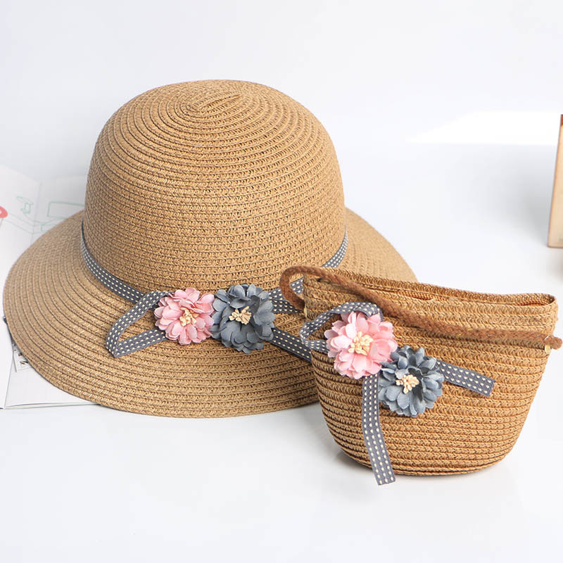 New Baby Girls Summer Handbag Suit Toddler Beach Sun Hats Hand Bag Set Kids Straw Hats