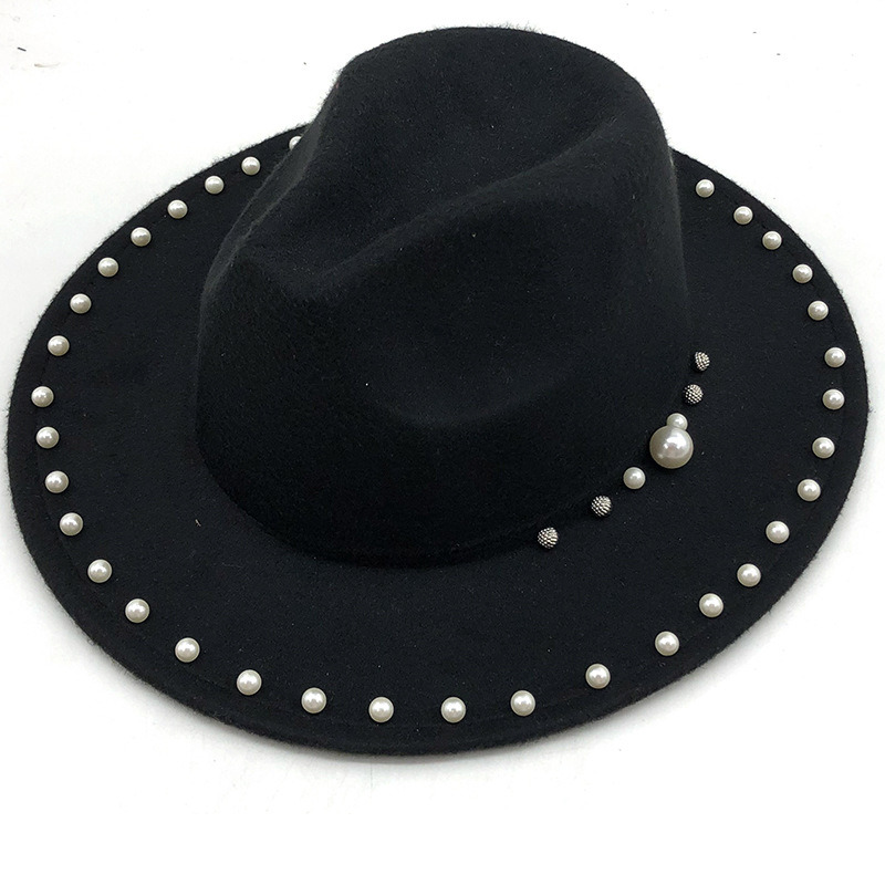 Fashion Wide Brim Women Wide Brim Fedora Hat Trilby Hat Panama Hat with Pearl Decoration