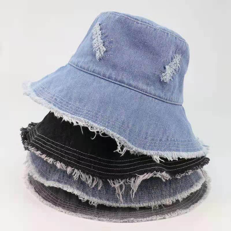 Wholesale Plain Adults Denim Distressed Bucket Hats in Stock Blue