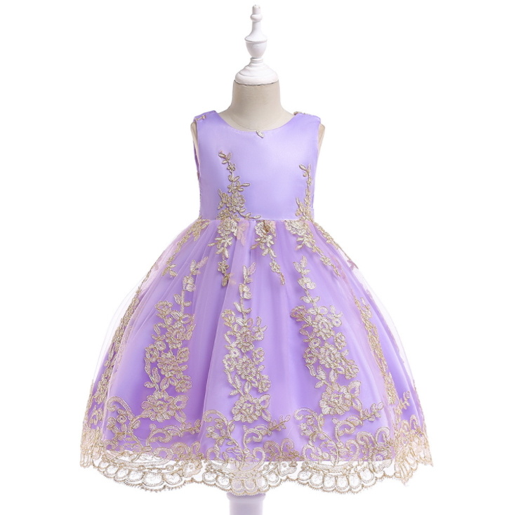 Children's Dress Net Yarn Embroidered Princess Dress with Gold Thread Embroidered Wedding Flower Dresses