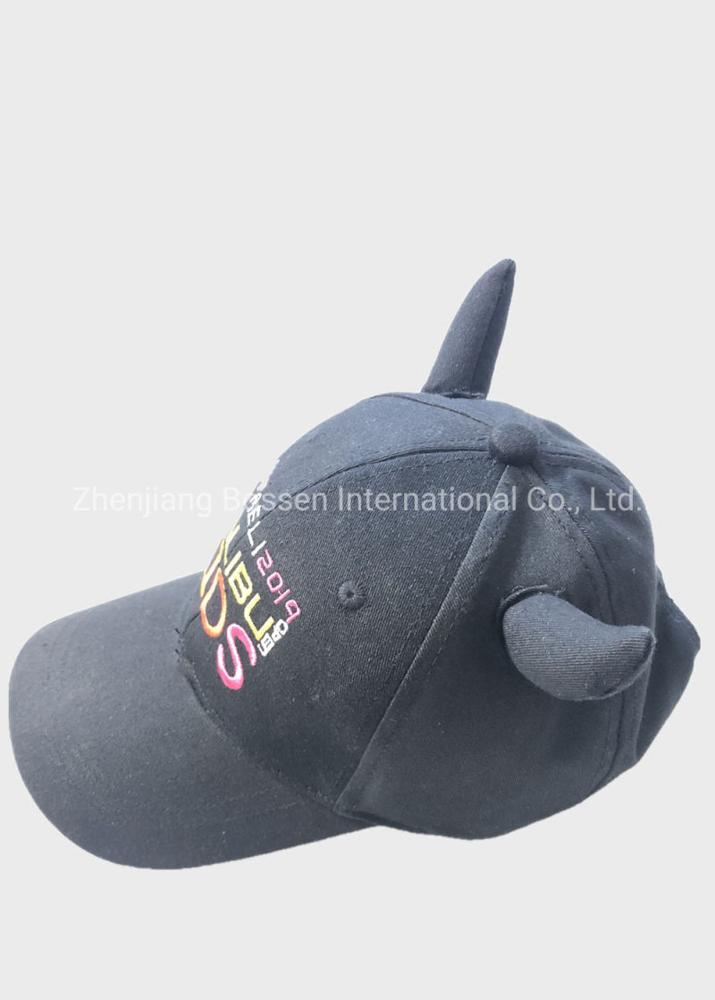 OEM Customized Logo Embroidered Black Cotton Baseball Hat Cap with Horns