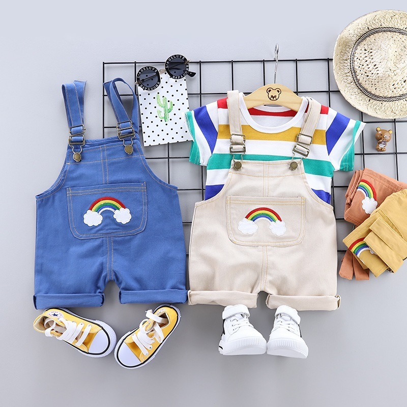 Fashion Baby Boy Cute Rainbow Clouds Print Suspender Trousers Soft Denim Toddler Overall Outfit Esg14392