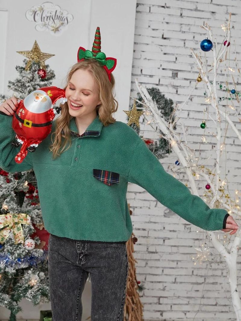 Girl Clothes Christmas Plaid Detail Teddy Sweatshirt for Girls