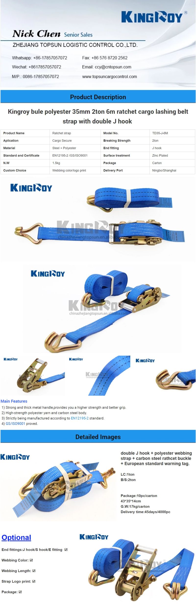 Kingroy Lashing Belt 35mm 2000kg Ratchet Strap with Double J Hook