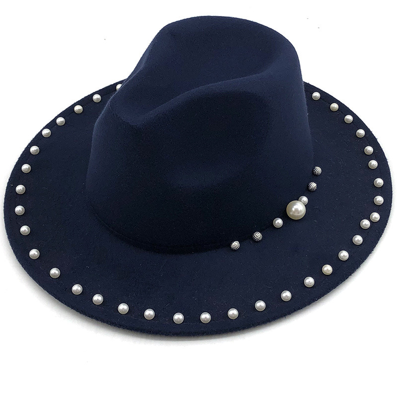 Fashion Wide Brim Women Wide Brim Fedora Hat Trilby Hat Panama Hat with Pearl Decoration