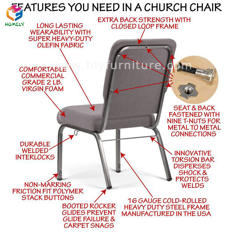 Wholesale Stackable Black Fabric Iron Metal Church Chair with Kneeler