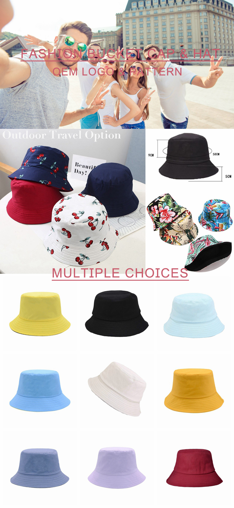 Wholesale Custom Cotton Twill Bucket Hat with Printed Leaves Logo Fisherman Hat