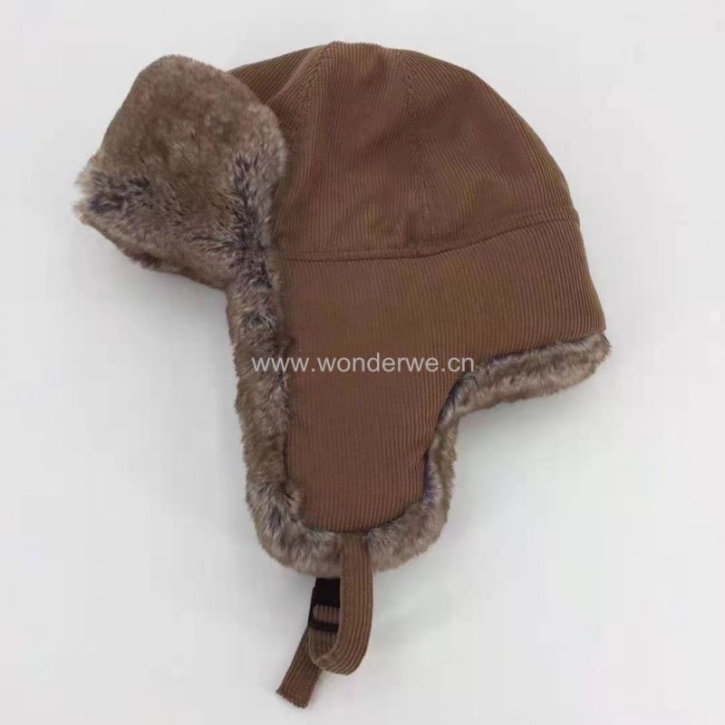 Unisex Use Brown Color Cord Cotton Winter Hat with Fur Earflaps