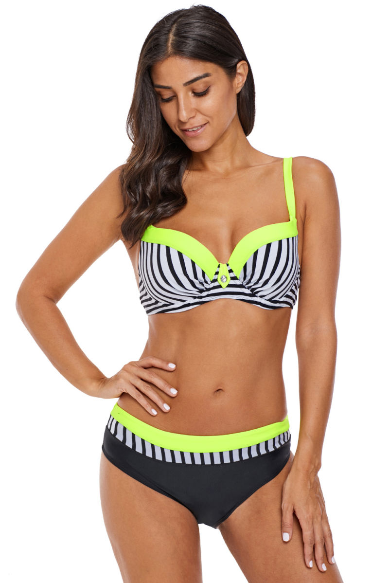 Neon Yellow Trim Zebra Striped 2PCS Bikini Swimwear