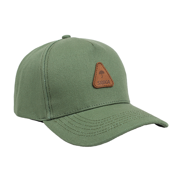 Custom 100% Cotton Leather Patch 5 Panel Green Baseball Cap Hat