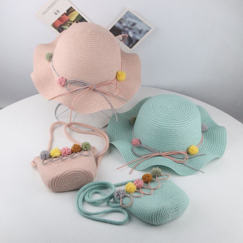 New Design Girls Decorate Straw Bag Summer Sunshade Short Brim Children Bucket Straw Hat