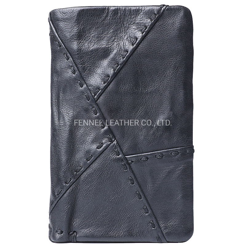 Vintage Style Long Black Sheepskin Patch Leather Wallet (F3539)