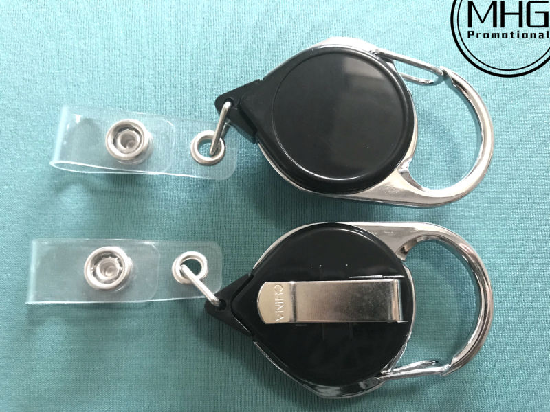 Black Carabiner Badge Reels with Vinyl Strap & Belt Clip