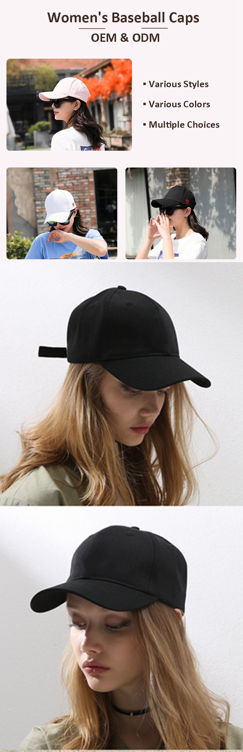Embroidery 100% Cotton Hat Women Adjustable Baseball Cap