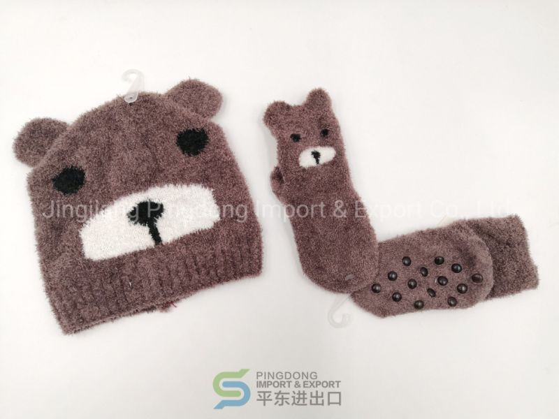 Wholesale Cute Cartoon Knit Hat and Microfiber Socks Combination Children's Hat Children's Home Socks