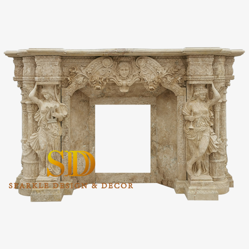 Big Beige Marble Fireplace Surround with Antique Finish for Living Room in Big House/Villa