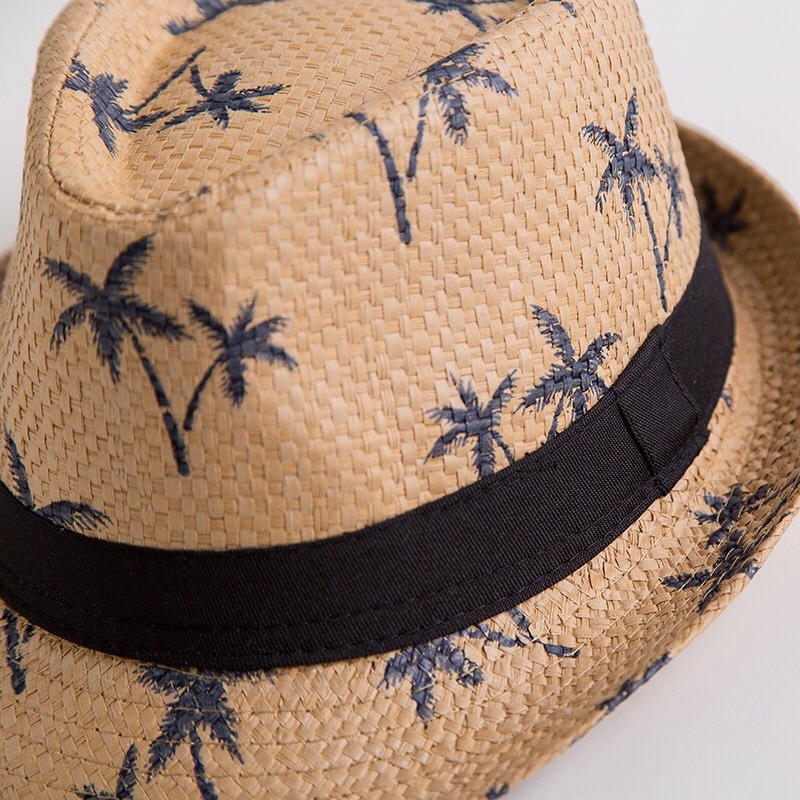 Wholesale Straw Fedora Trilby Hats Ecuador Coconut Tree Printed Panama Hats with Black Band