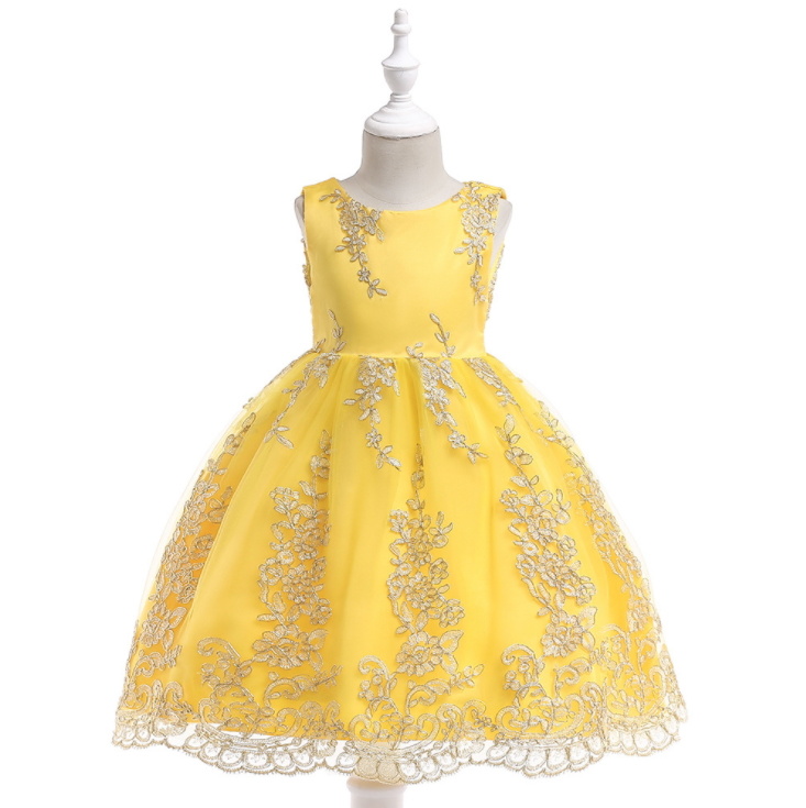 Children's Dress Net Yarn Embroidered Princess Dress with Gold Thread Embroidered Wedding Flower Dresses