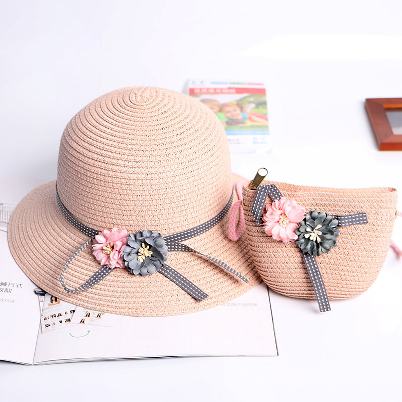 New Baby Girls Summer Handbag Suit Toddler Beach Sun Hats Hand Bag Set Kids Straw Hats