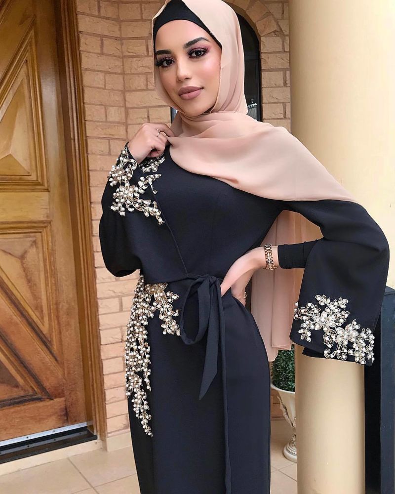 Womens Kaftan Gold Embroidered Fancy Abaya Evening Gown Muslim Maxi Dress