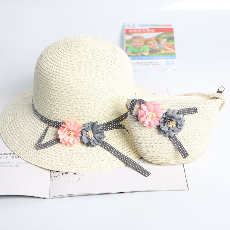 New Baby Girls Summer Handbag Suit Toddler Beach Sun Hats Hand Bag Set Kids Straw Hats