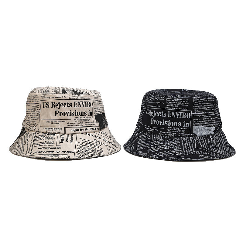 Newspaper Pattern Fisherman Hat Female Sun Shade Double-Sided PU Cotton Hat