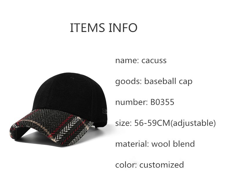 Wholeasale 6 Panel Grid Snapback Cap Wool Blend Baseball Cap Hat Baseball Cap